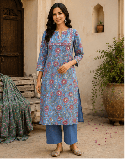Blue Floral Casual Kurta Set