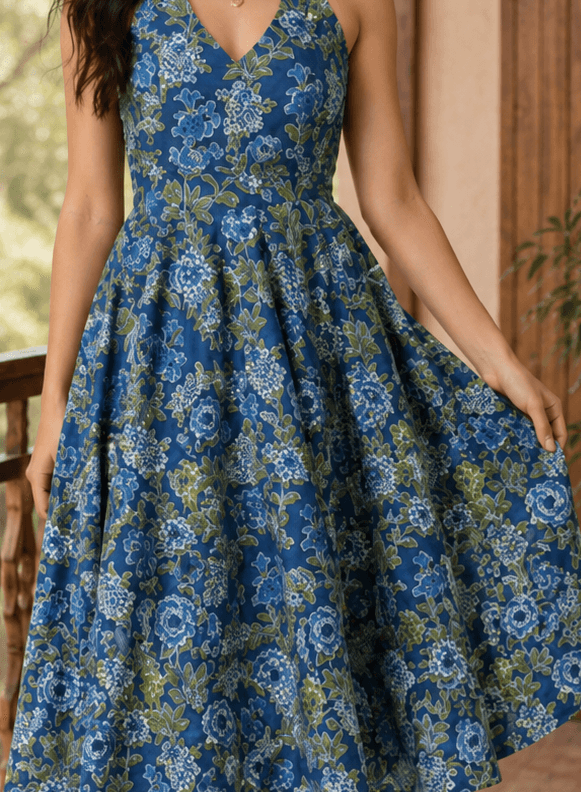 Blue Floral Midi Dress
