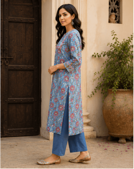 Blue Floral Casual Kurta Set — view 2