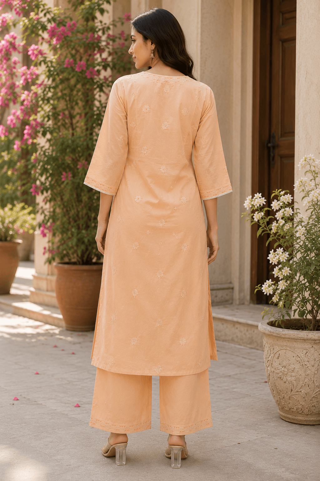 Peach Embroidered Cotton Kurta Set