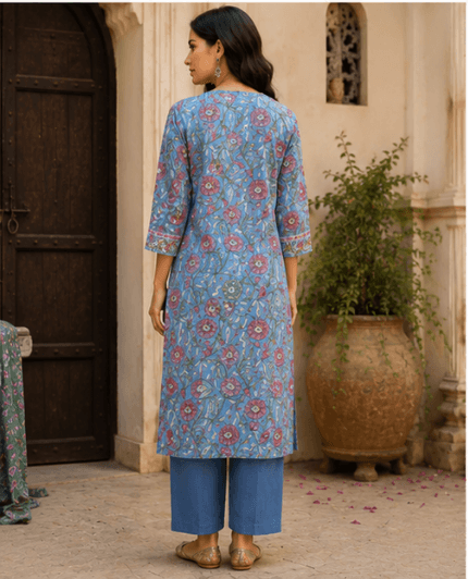 Blue Floral Casual Kurta Set — view 3