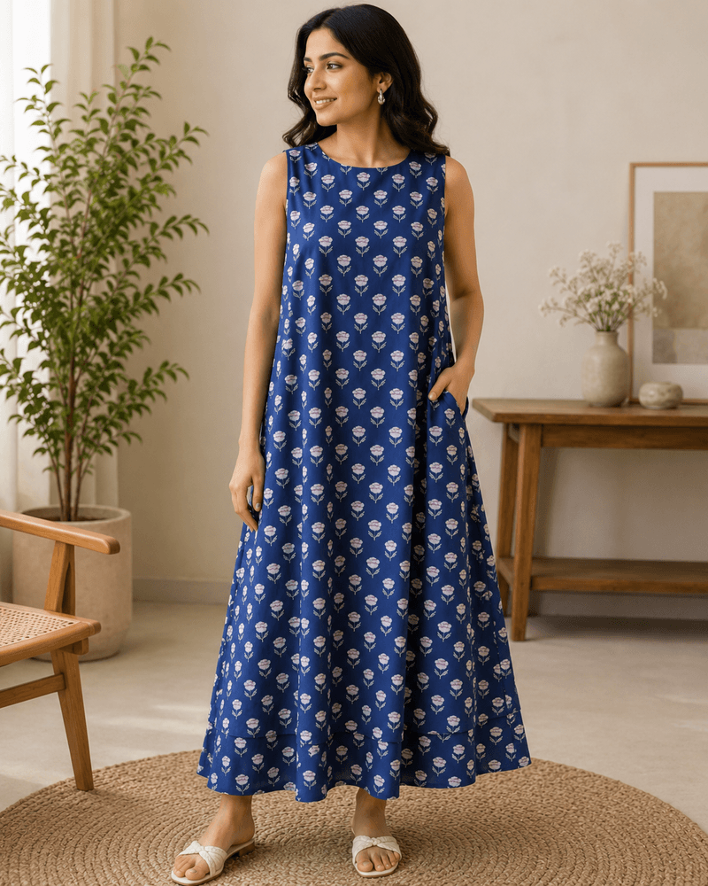 Blue Printed Cotton Dress
