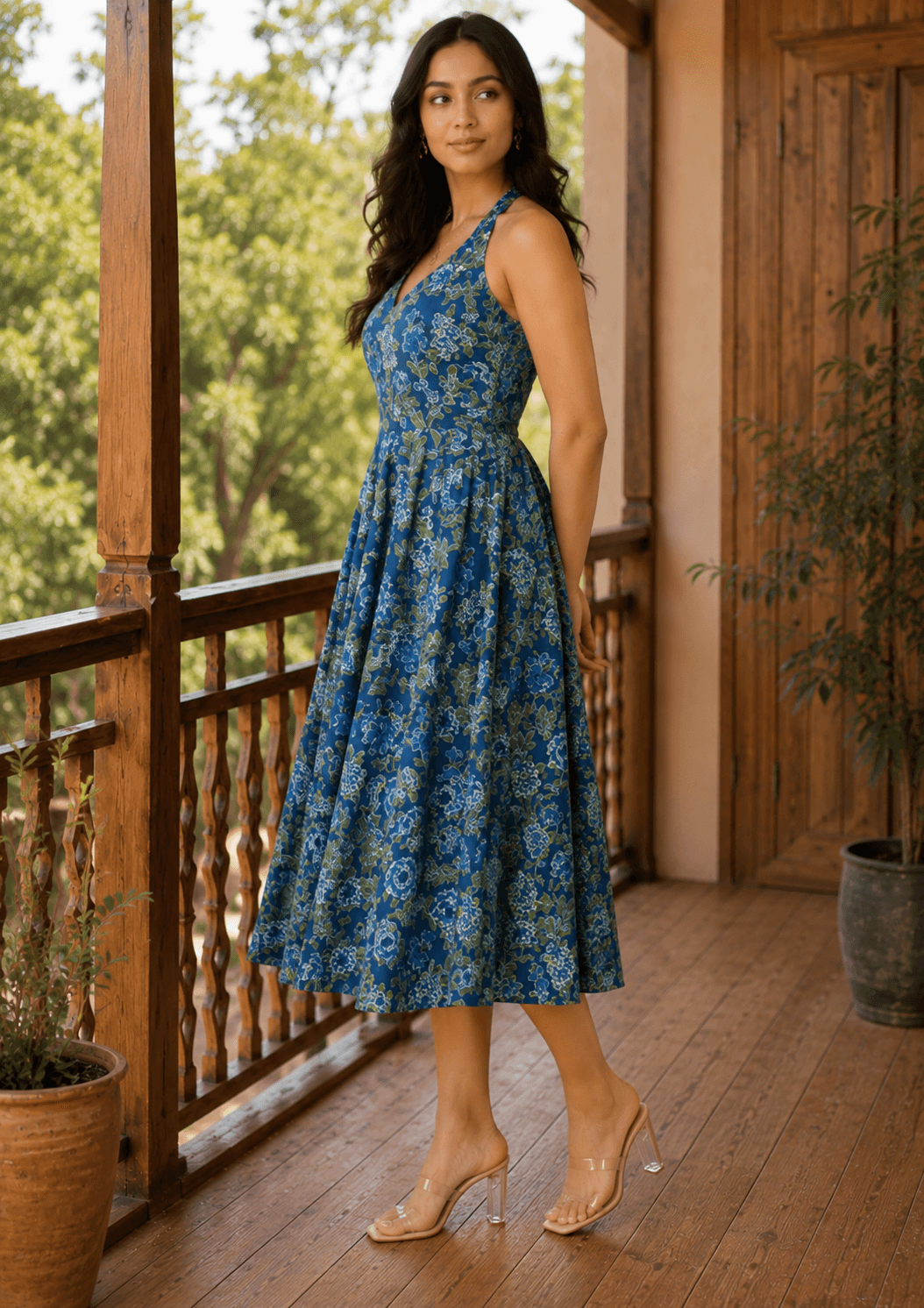 Blue Floral Midi Dress