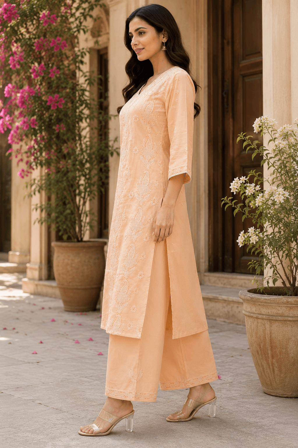 Peach Embroidered Cotton Kurta Set