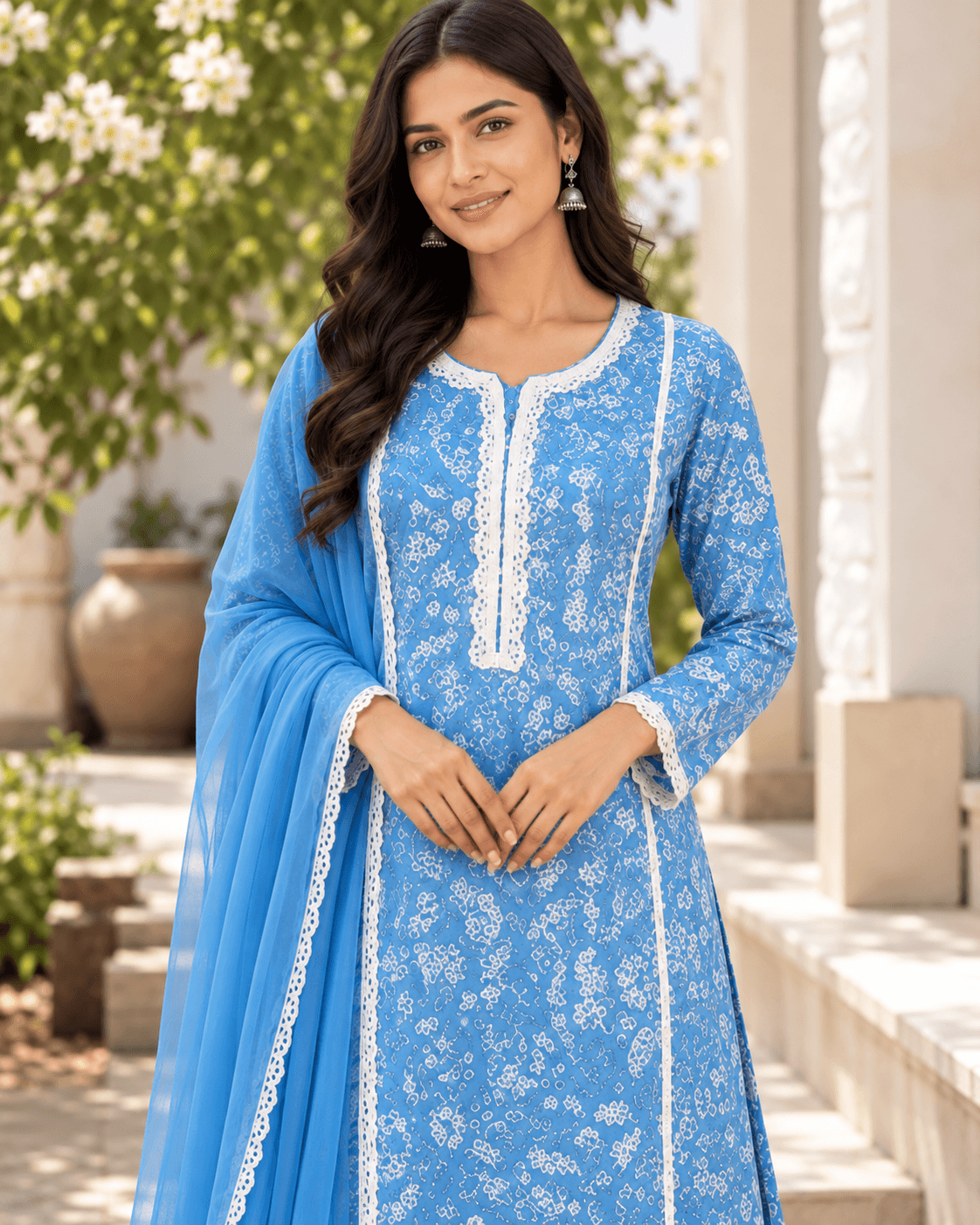Blue Floral Suit with Dupatta