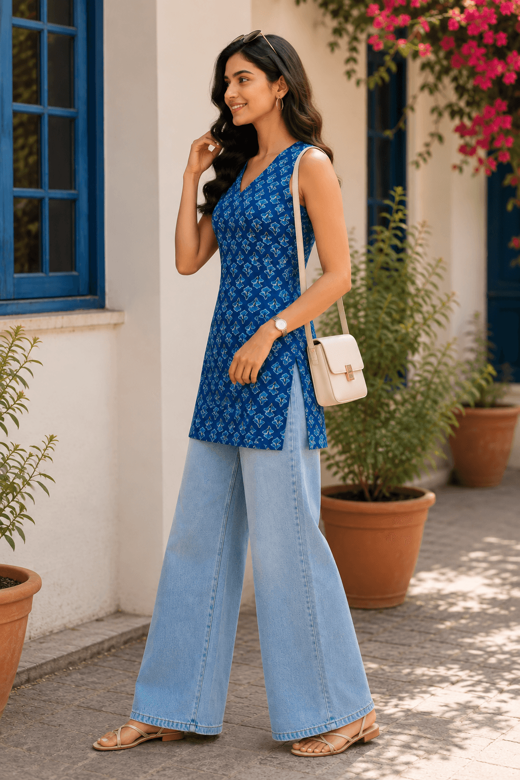 Azure Bloom Sleeveless Short Kurti