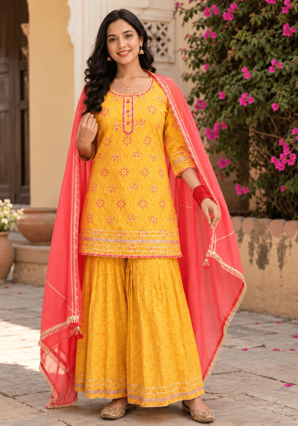 Mustard and Pink Sharara Set