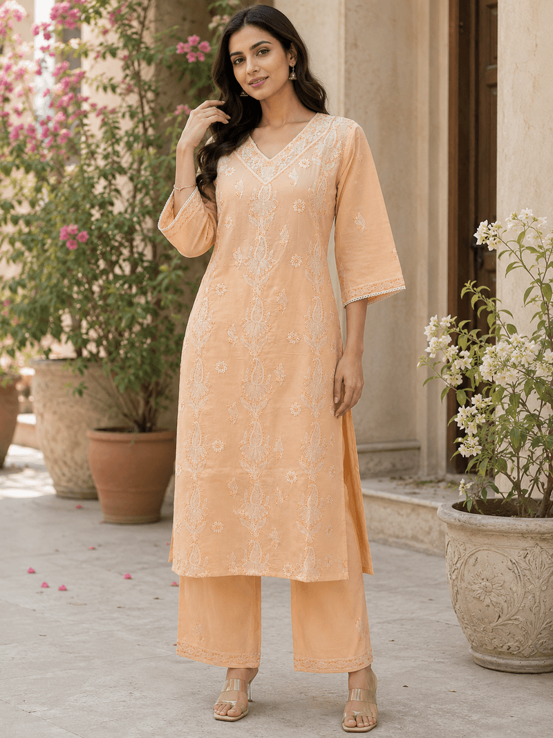 Peach Embroidered Cotton Kurta Set