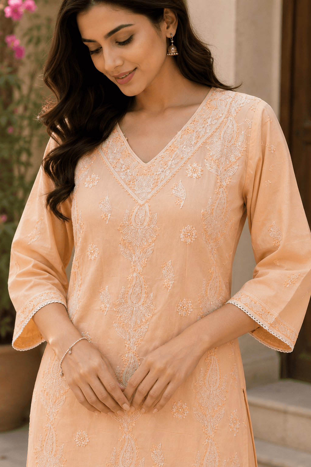 Peach Embroidered Cotton Kurta Set