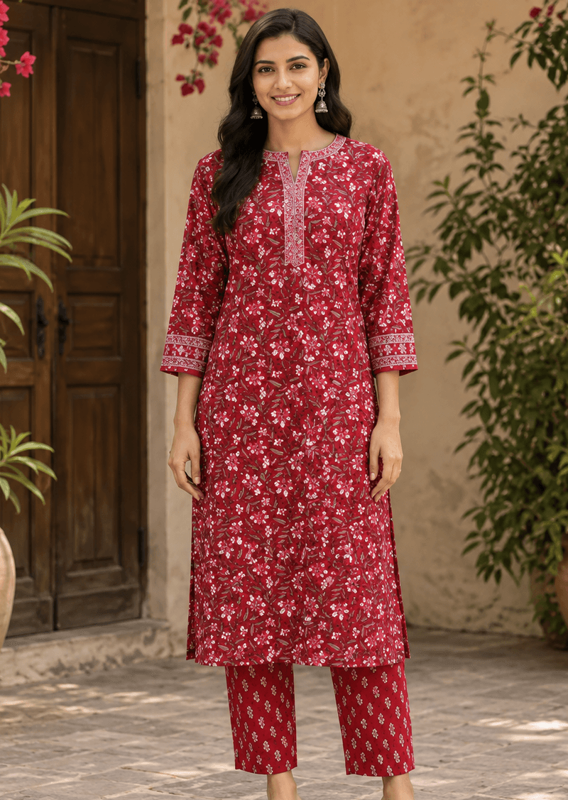 Crimson Meadow Kurta Set with Dupatta