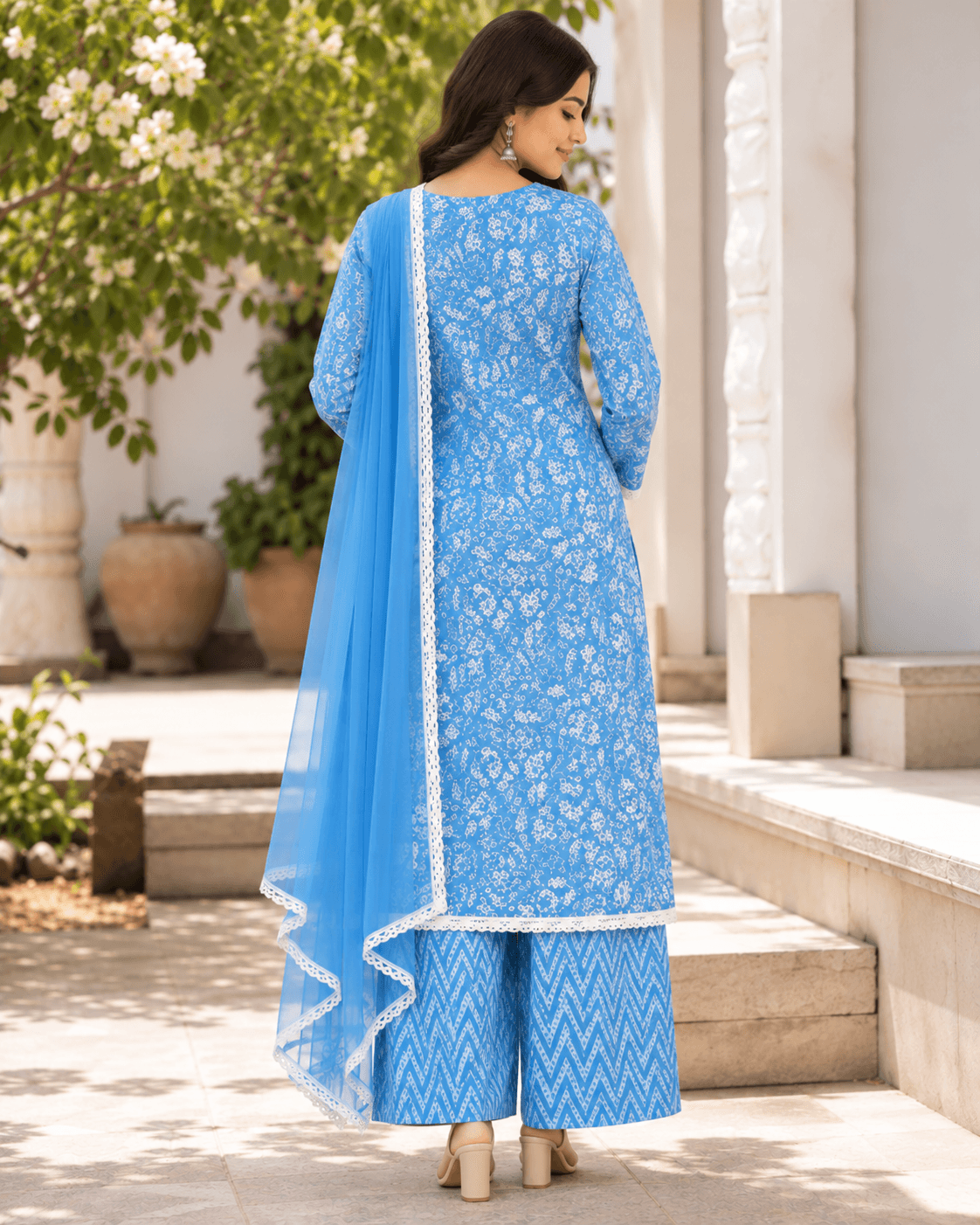 Blue Floral Suit with Dupatta