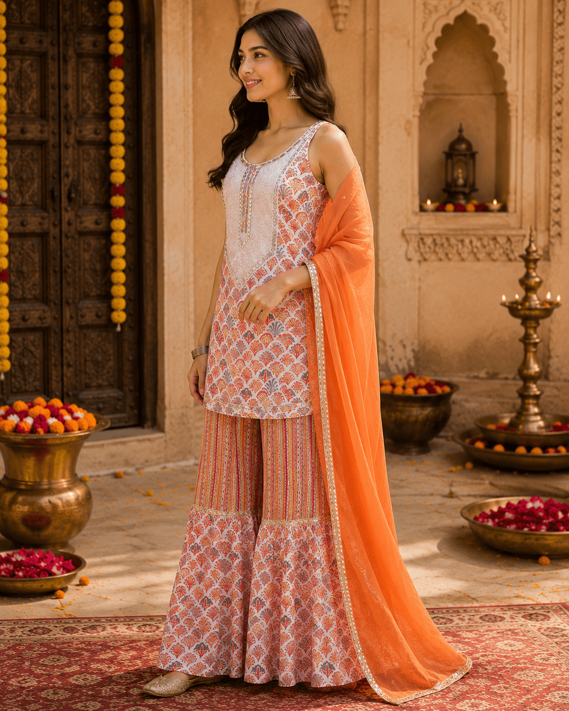 Peach Printed Sharara Set