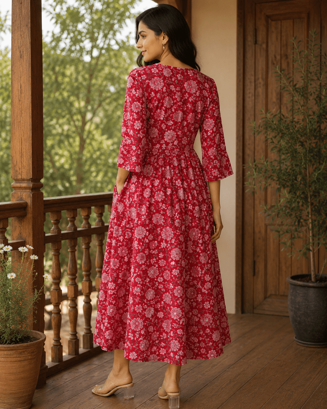 Red V-Neck Floral Dress