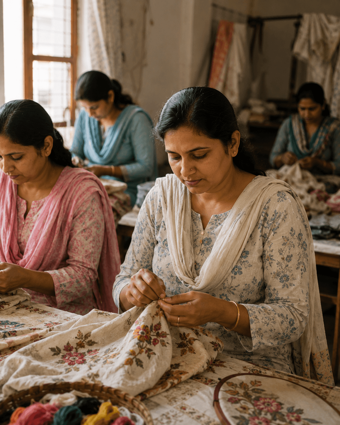 Women artisans embroidering fabric together