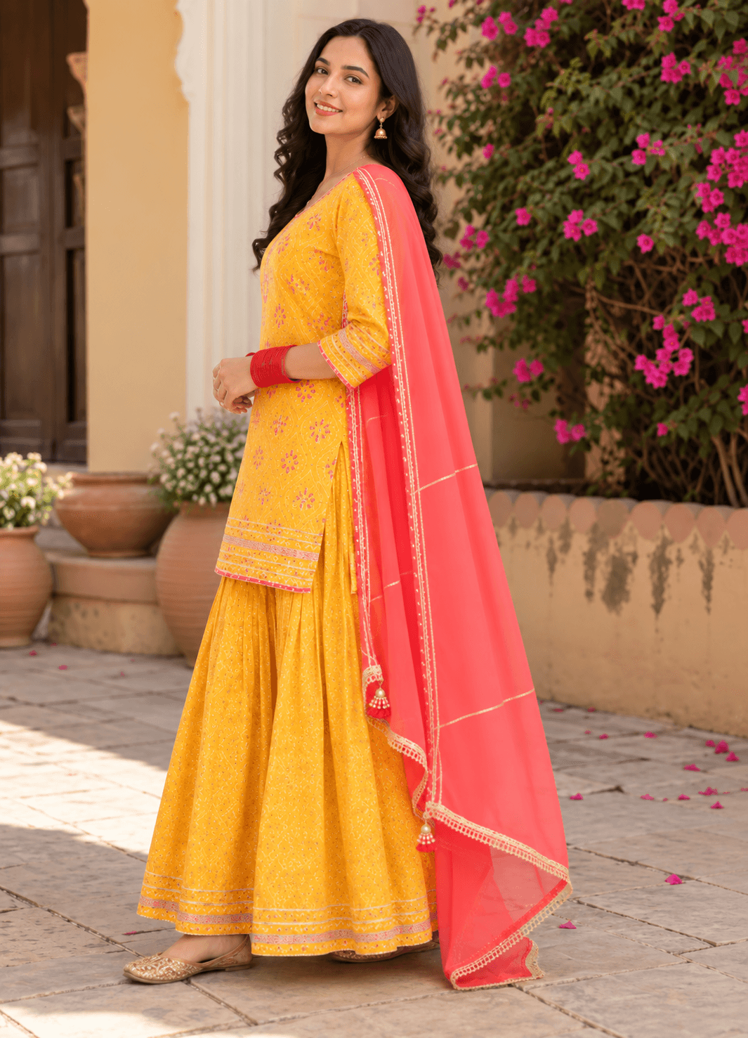 Mustard and Pink Sharara Set