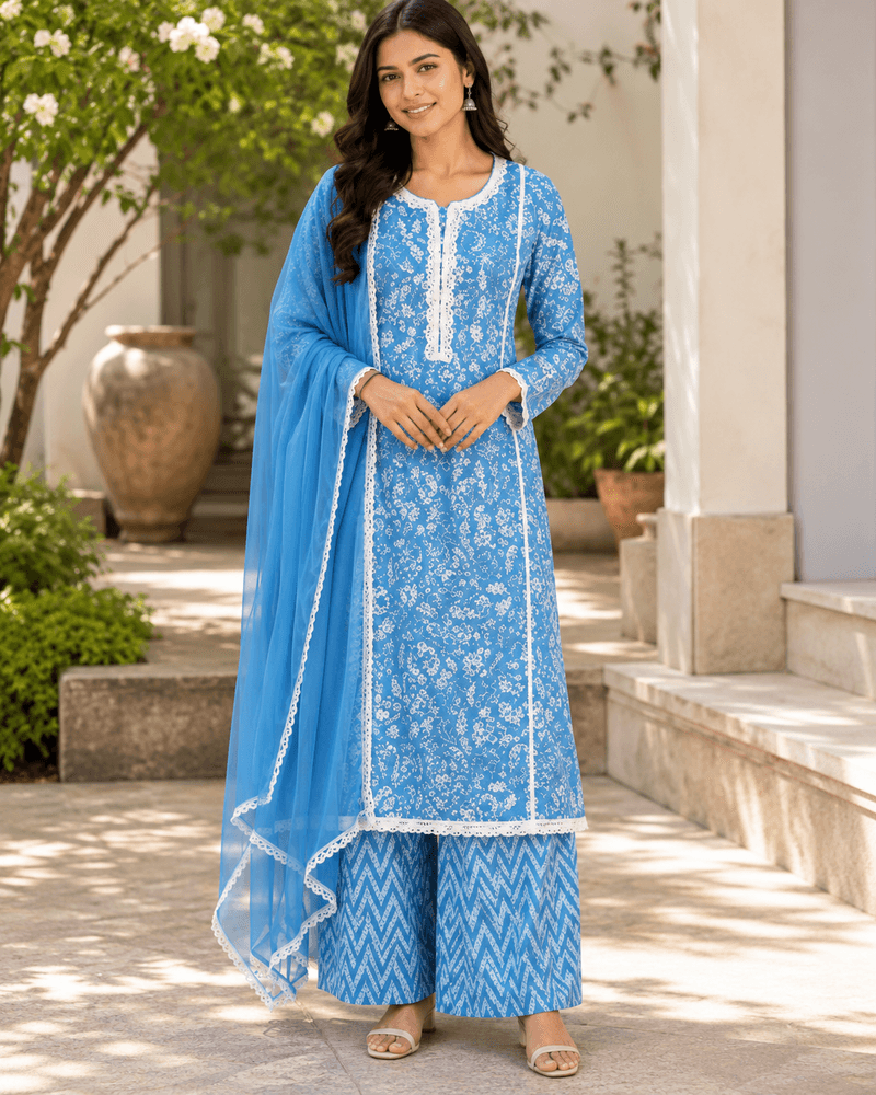 Blue Floral Suit with Dupatta
