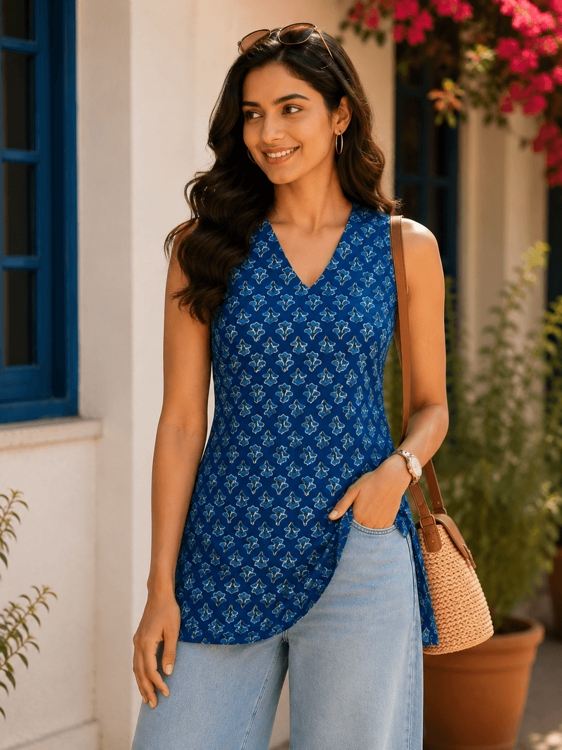 Azure Bloom Sleeveless Short Kurti