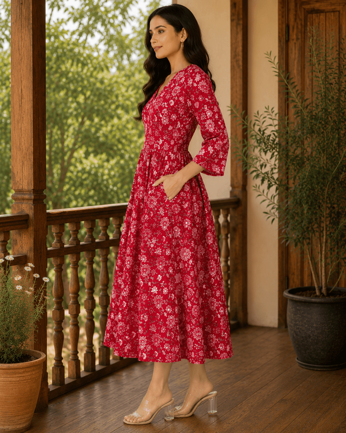 Red V-Neck Floral Dress