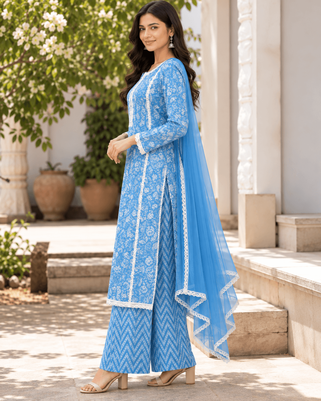 Blue Floral Suit with Dupatta