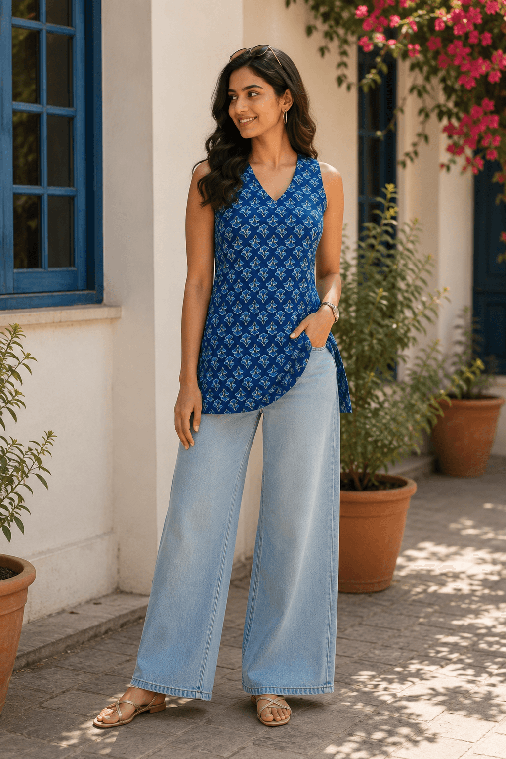 Azure Bloom Sleeveless Short Kurti