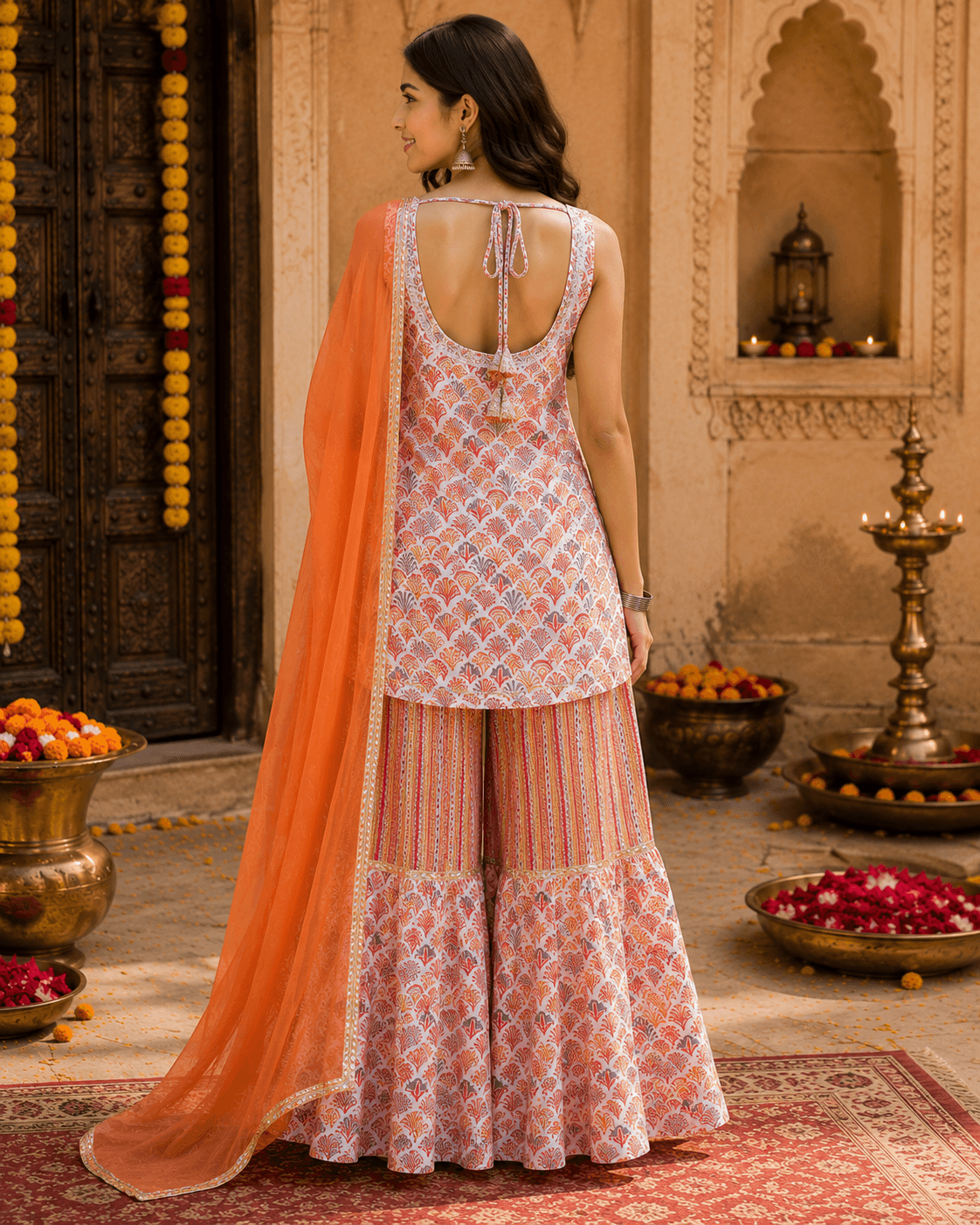 Peach Printed Sharara Set