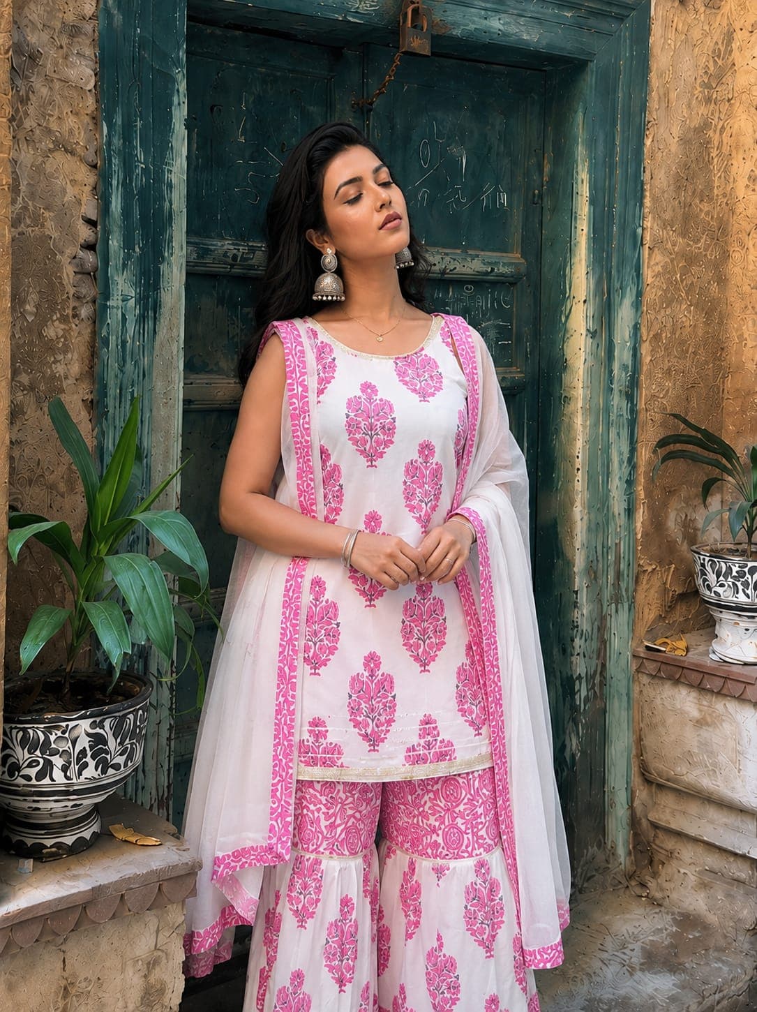 White & Pink Sharara Set