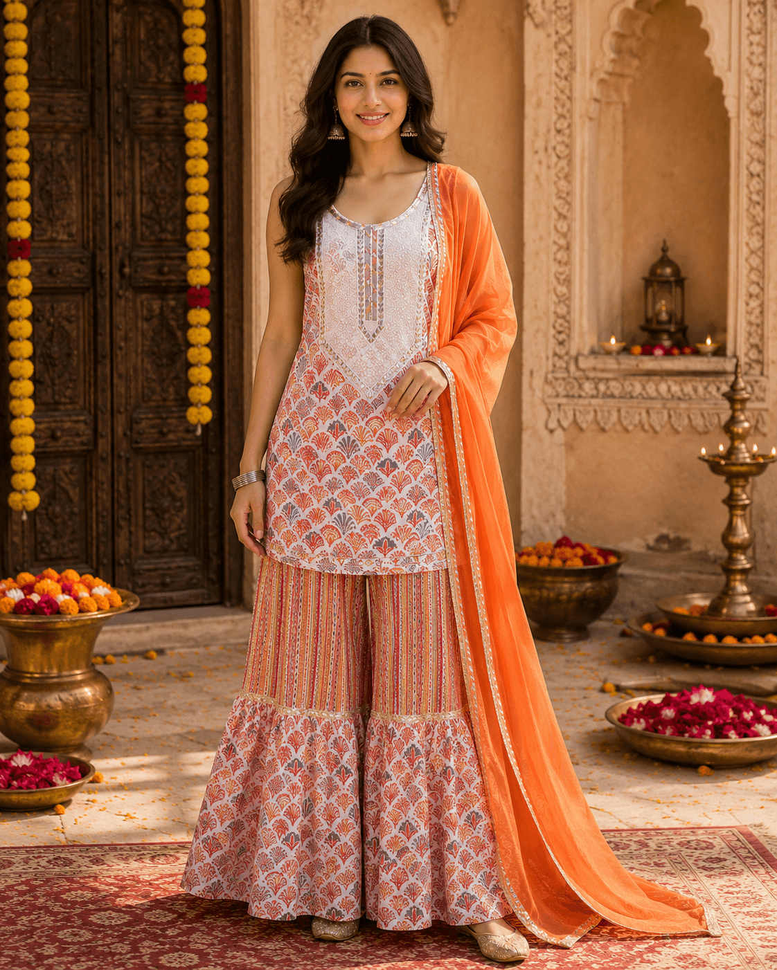 Peach Printed Sharara Set
