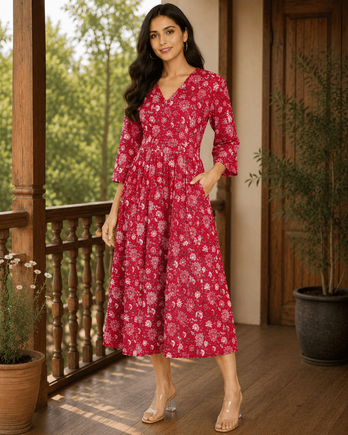 Red V-Neck Floral Dress
