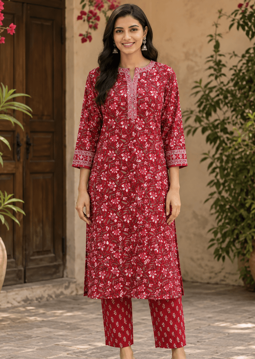 Crimson Meadow Kurta Set with Dupatta