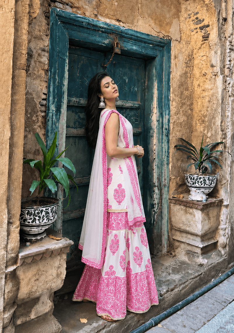 White & Pink Sharara Set