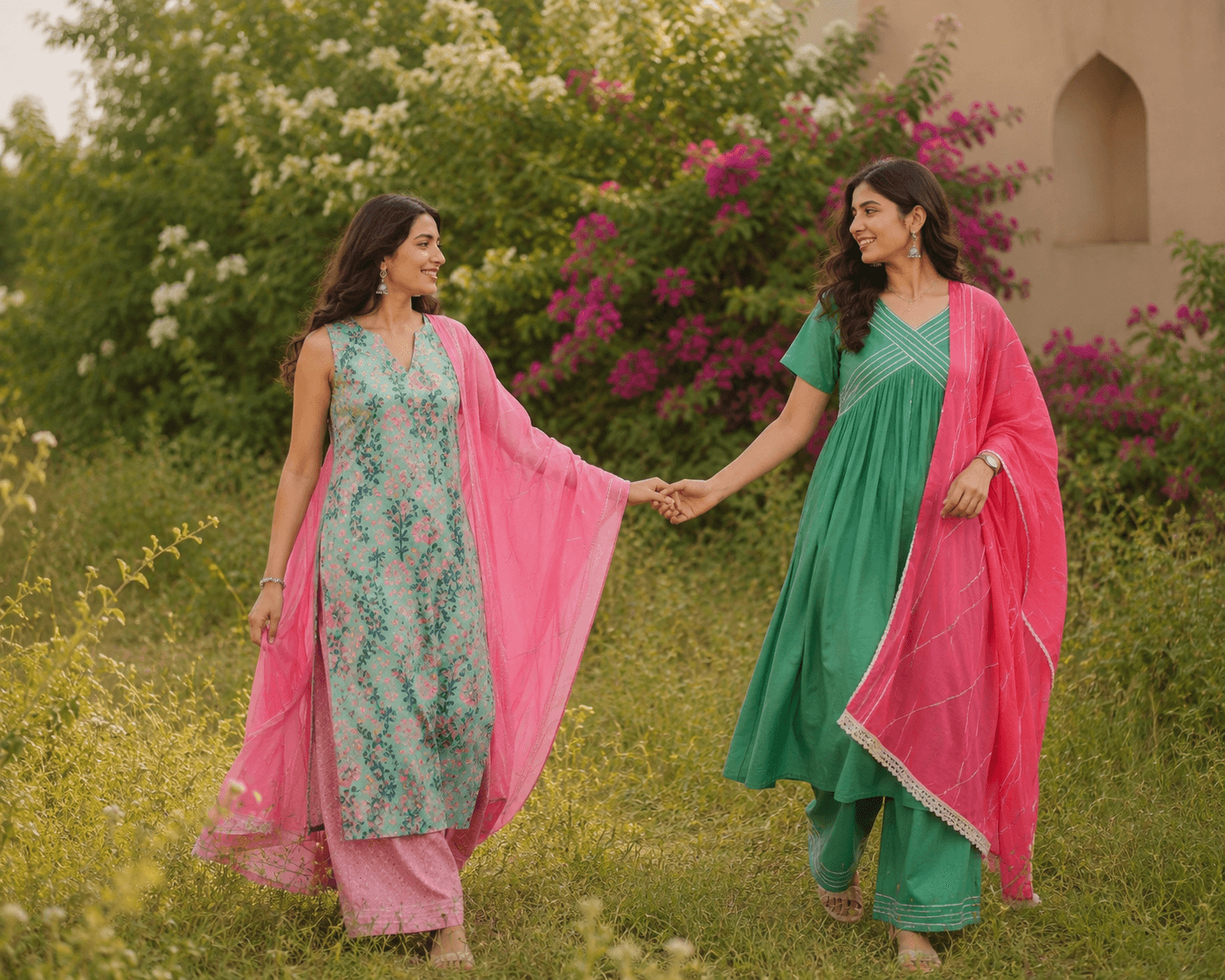 Kurta sets in a blooming garden