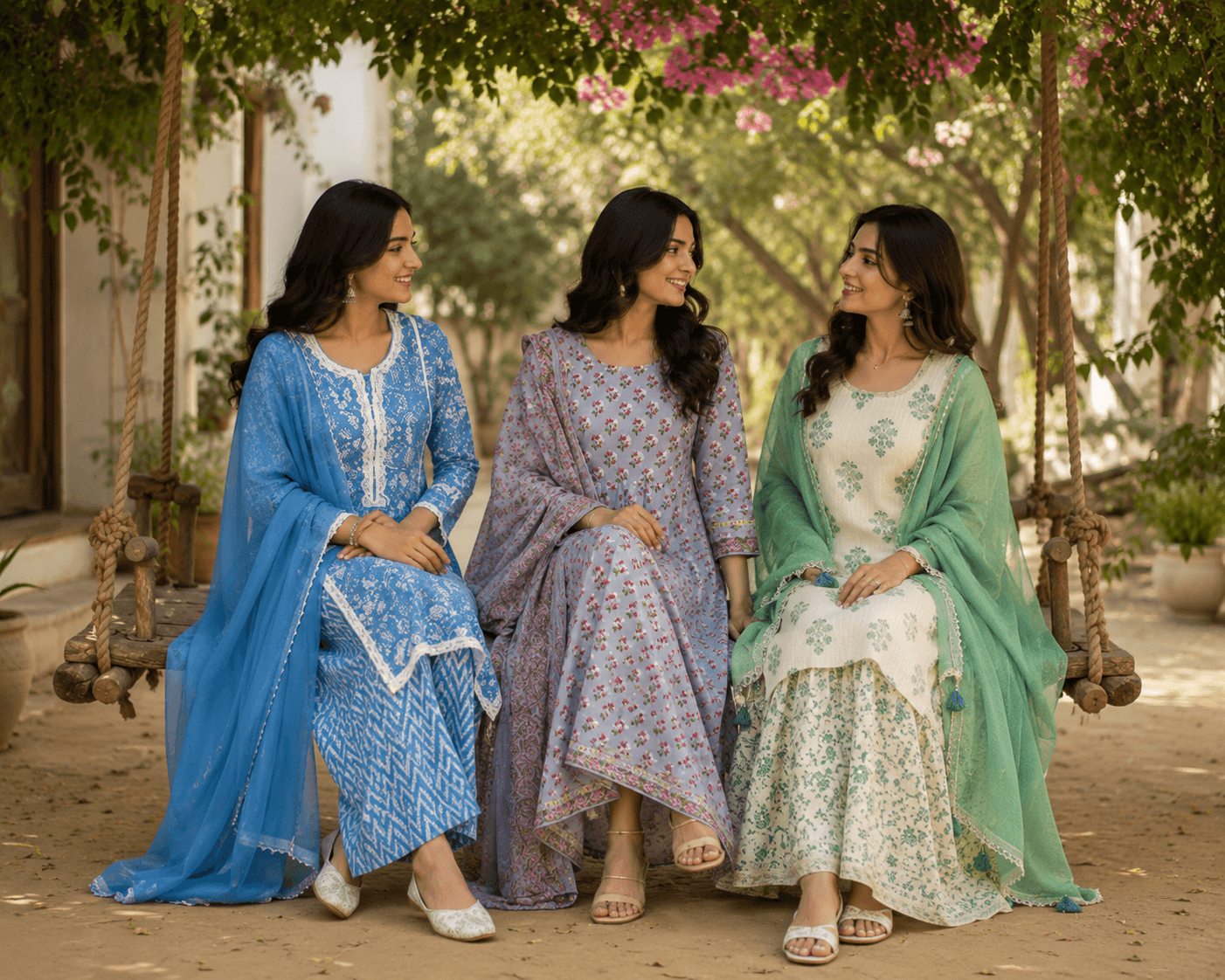 Three kurta sets styled on a garden swing